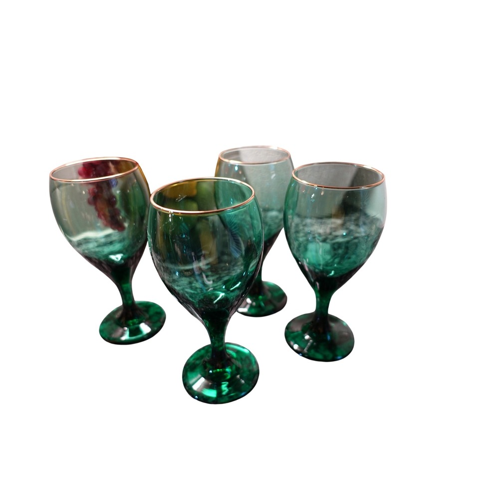 Vintage Emerald Green Wine Glasses Gold Rim Stemmed Goblets Set of 4 Jewel Tone